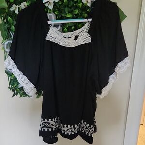 Cato Black and White Blouse with Flutter Sleeves and Bib Collar